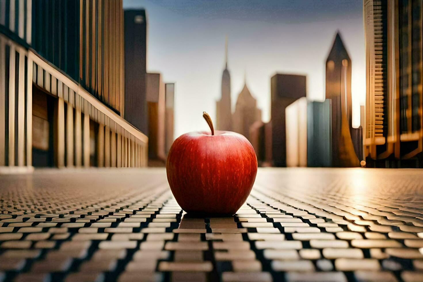 an apple is sitting on a street in front of a city. AI-Generated photo