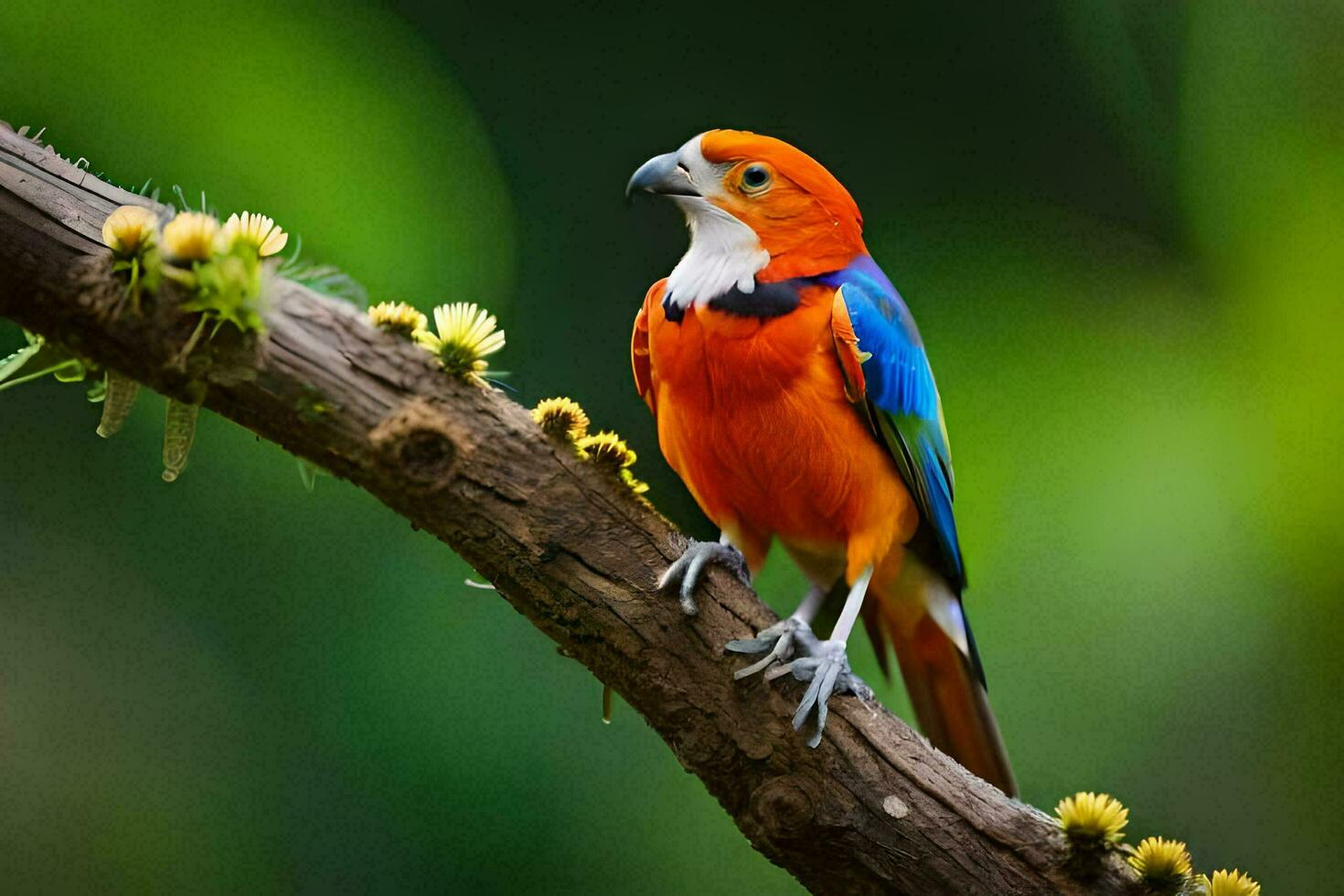 a colorful bird sits on a branch in the forest. AI-Generated photo