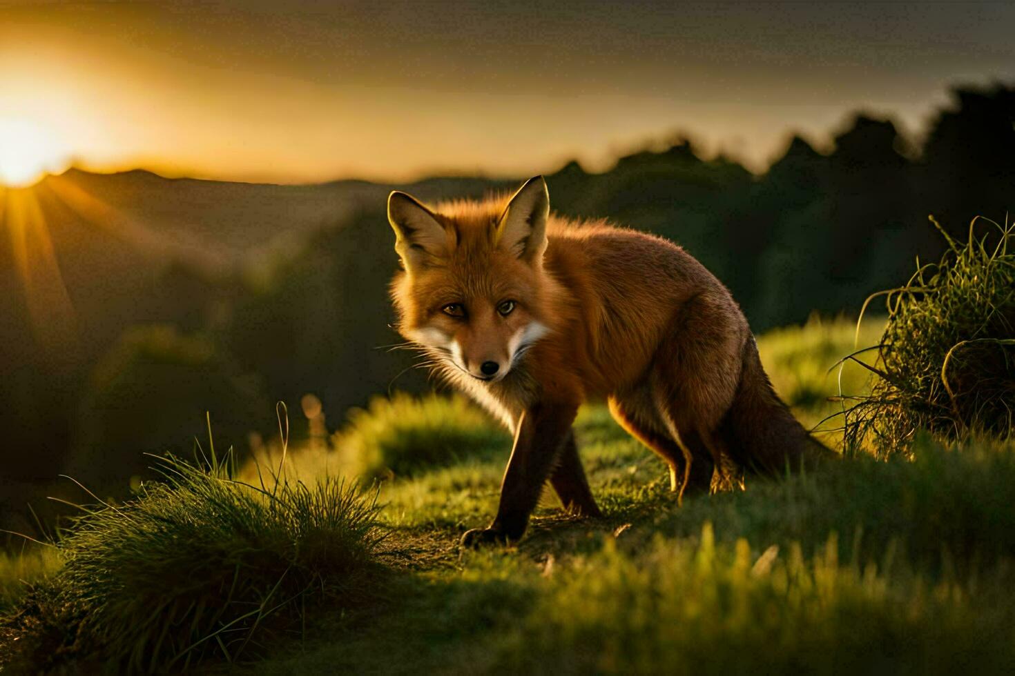 a fox is walking on a grassy hill at sunset. AI-Generated photo
