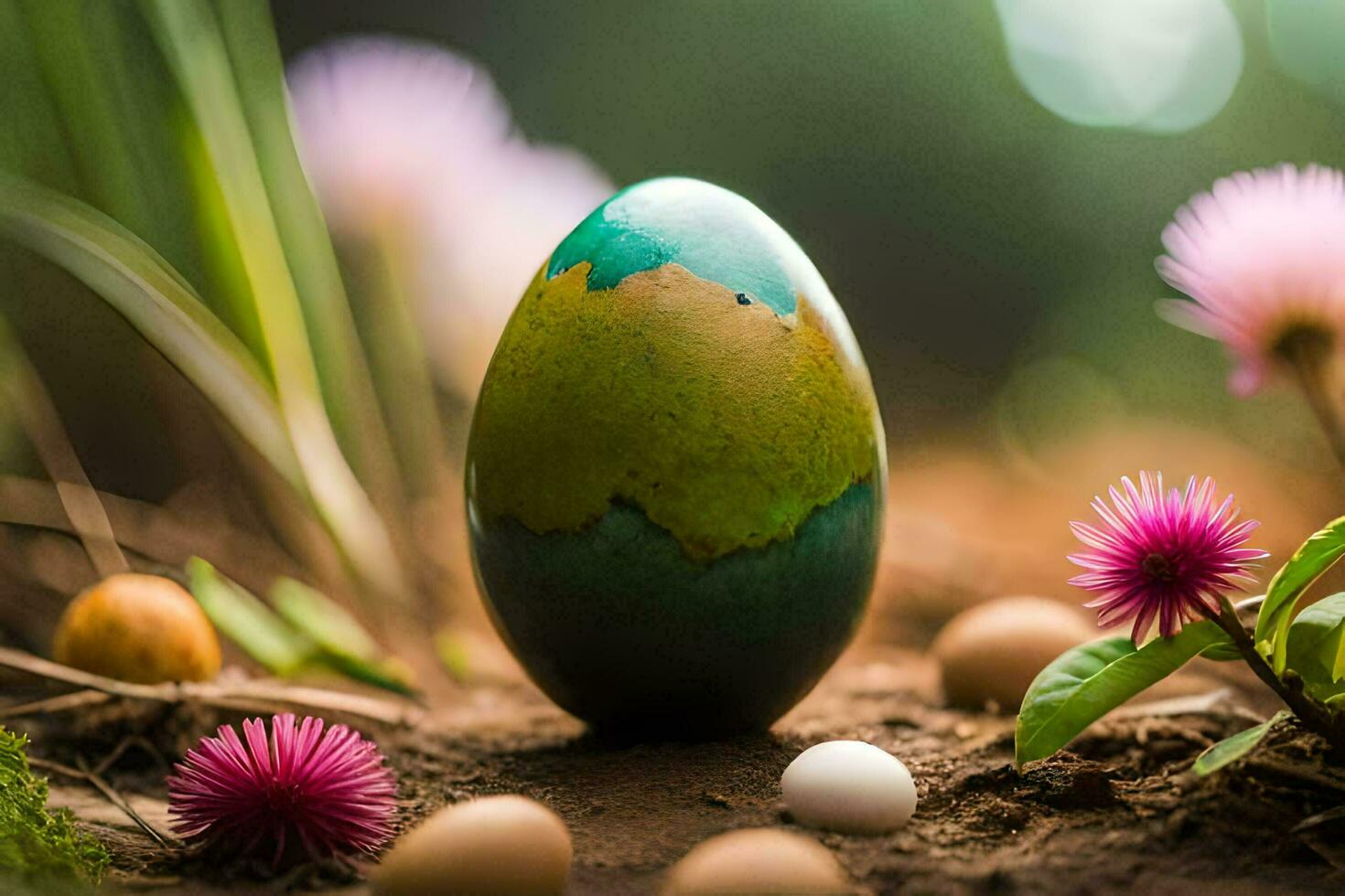 an easter egg is sitting on the ground surrounded by flowers. AI-Generated photo