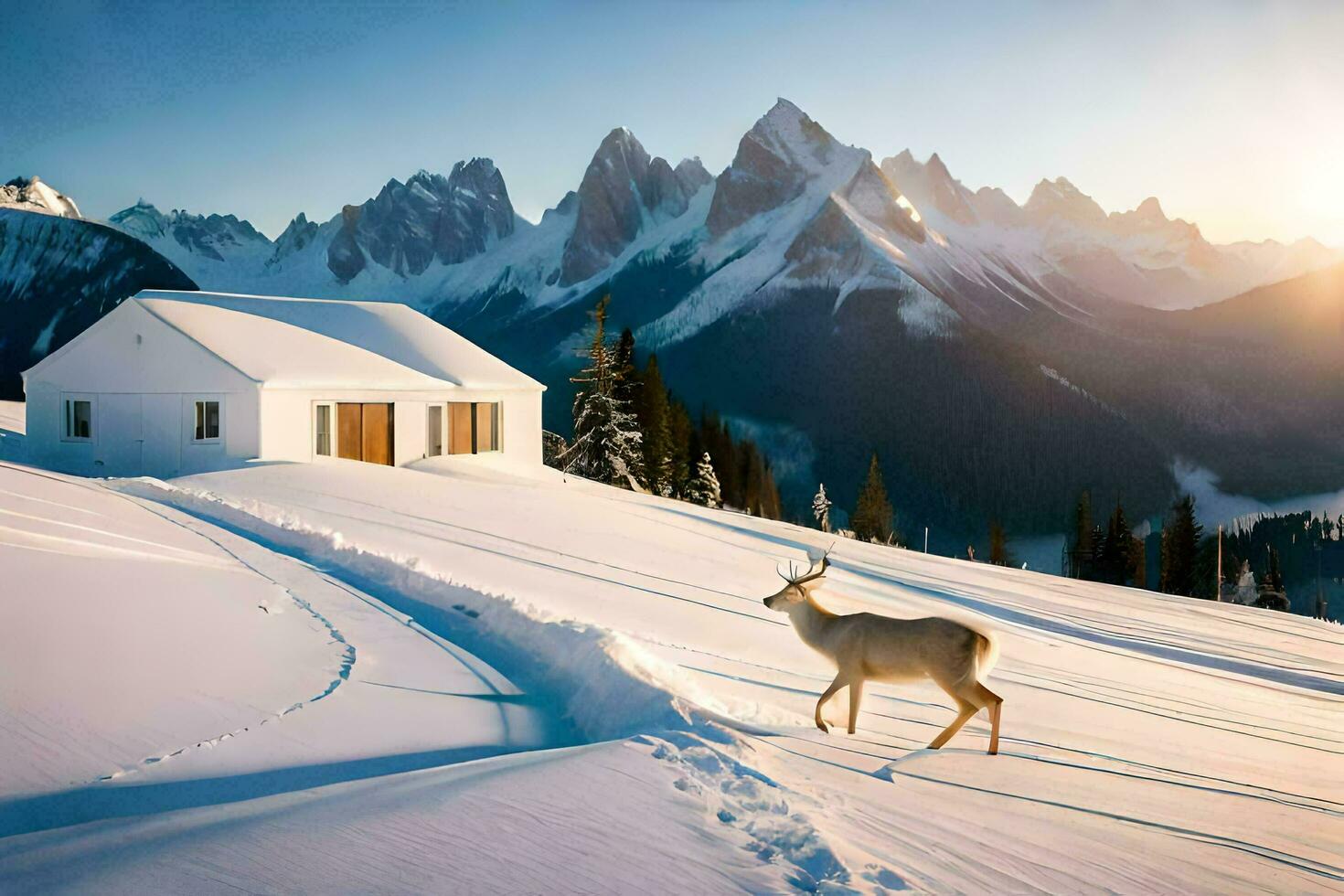 a deer stands in front of a cabin in the snow. AI-Generated photo
