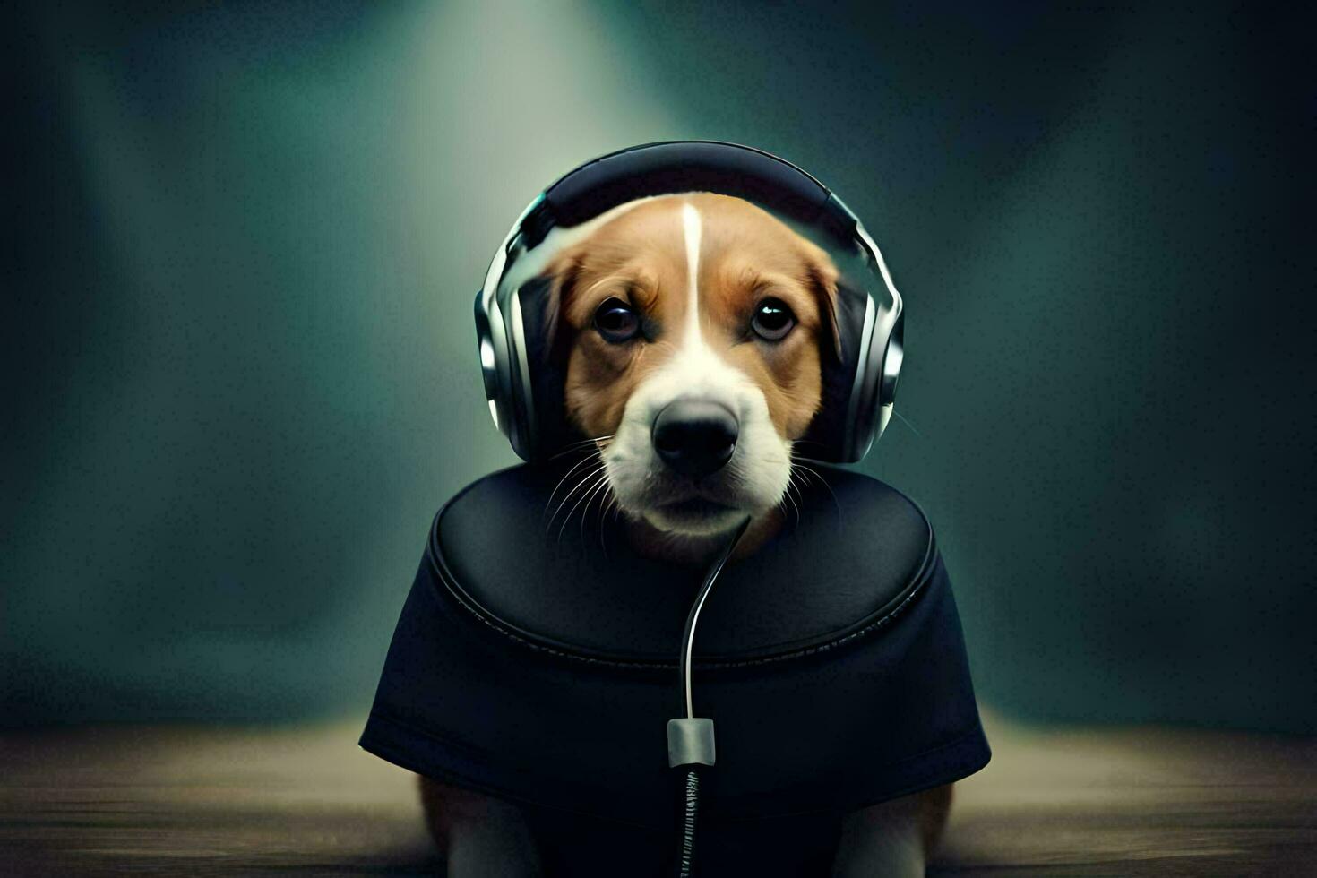a dog wearing headphones on a wooden floor. AI-Generated photo
