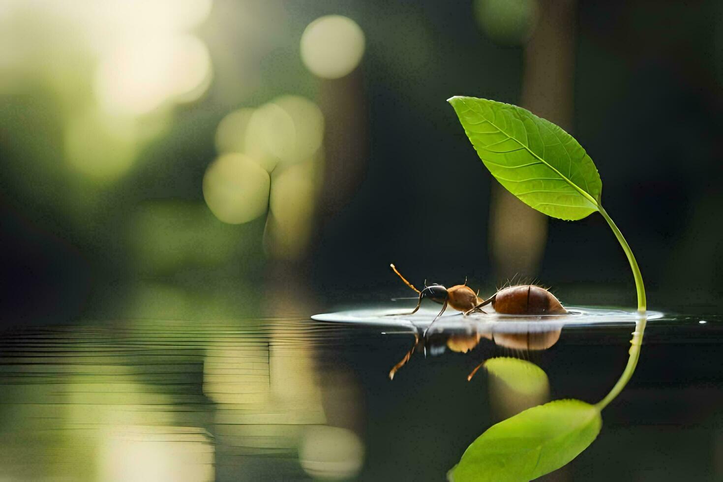 a small insect is sitting on a leaf in water. AI-Generated photo