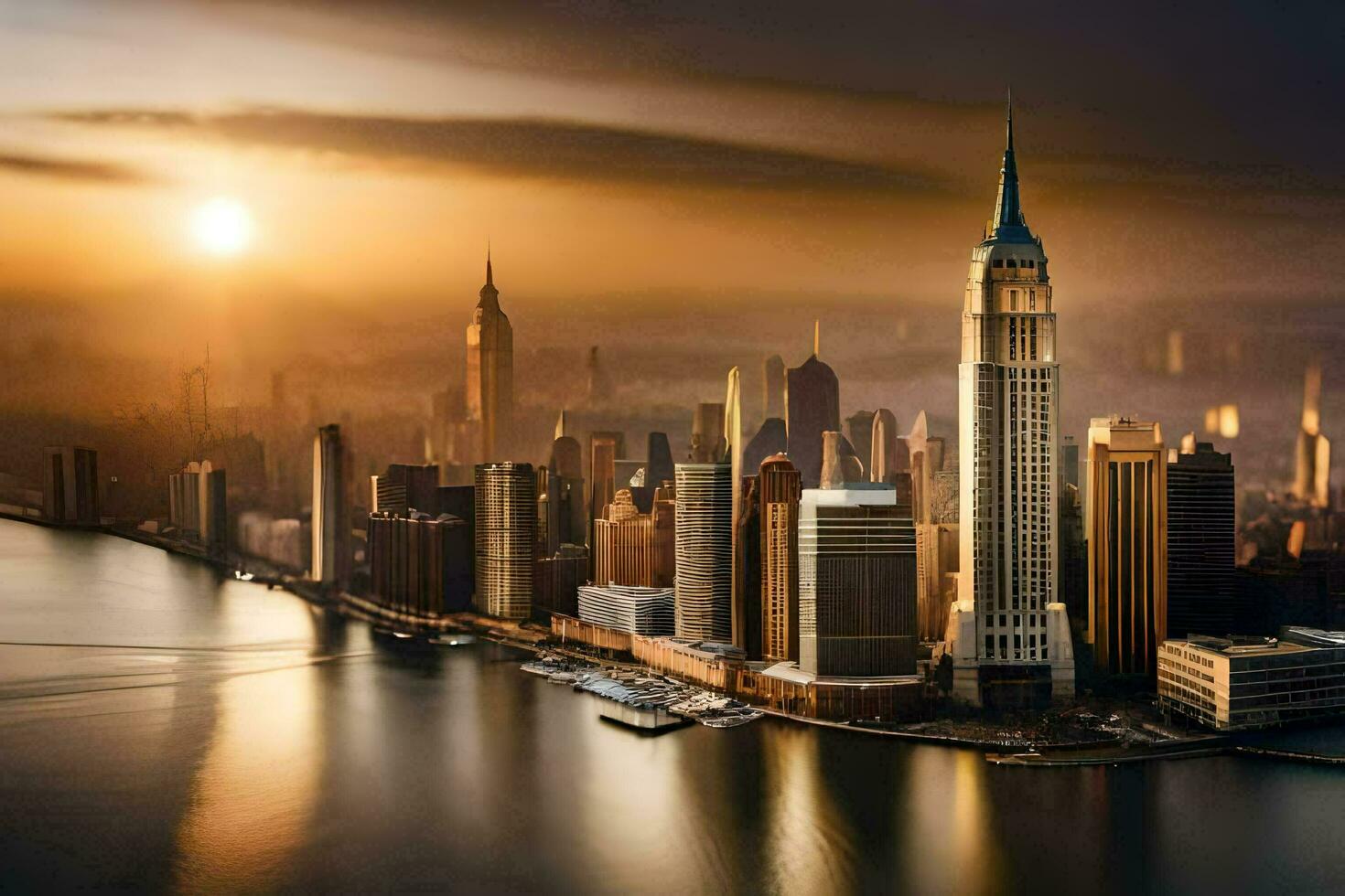 the empire state building is seen in the background at sunset. AI-Generated photo