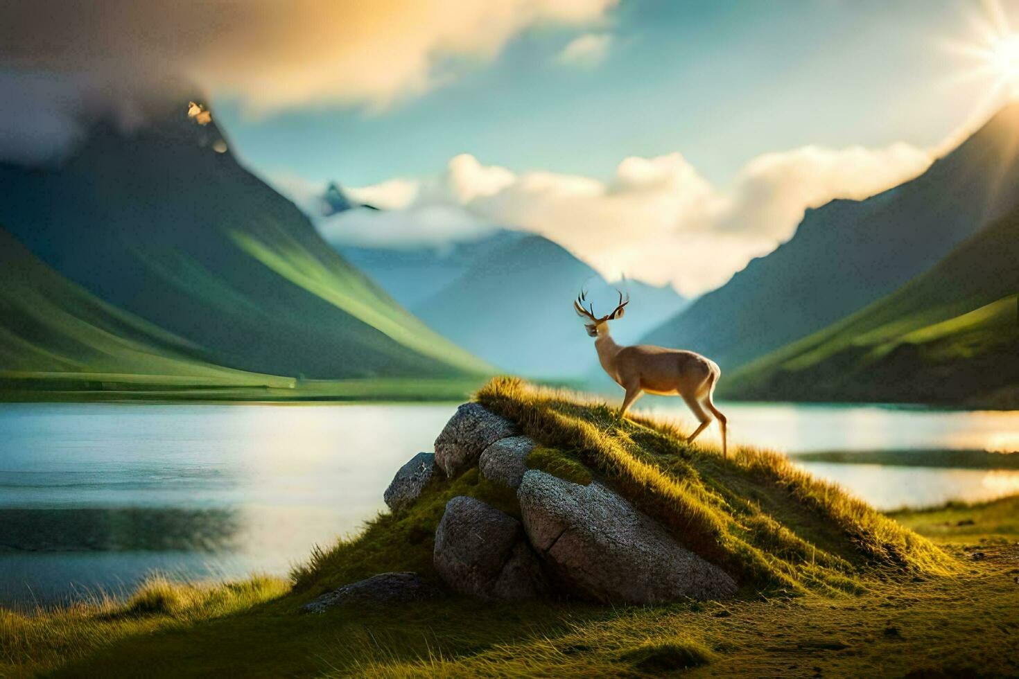 the deer is standing on the edge of the lake. AI-Generated photo