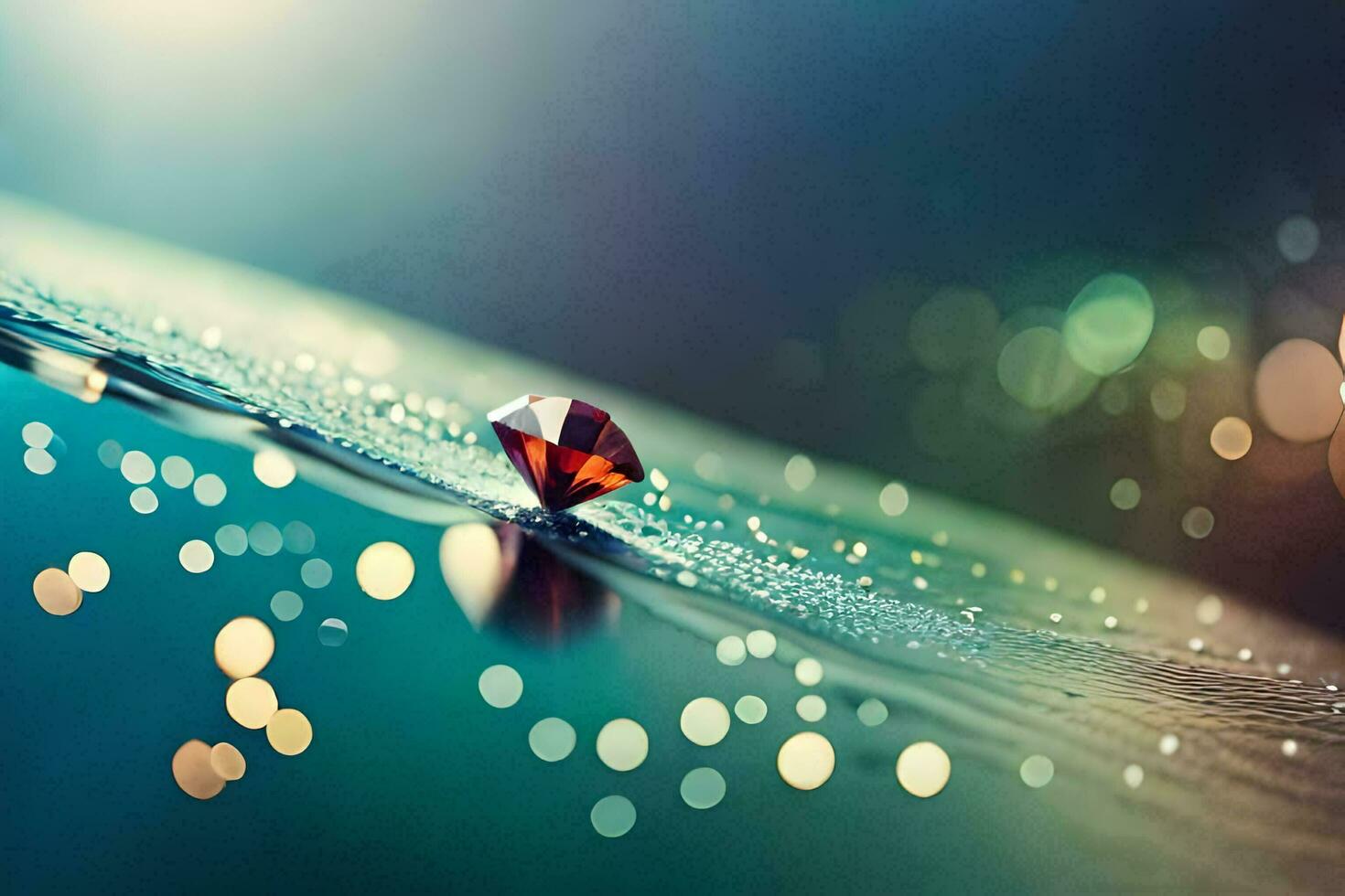 a red diamond on a wet surface with bokeh. AI-Generated photo