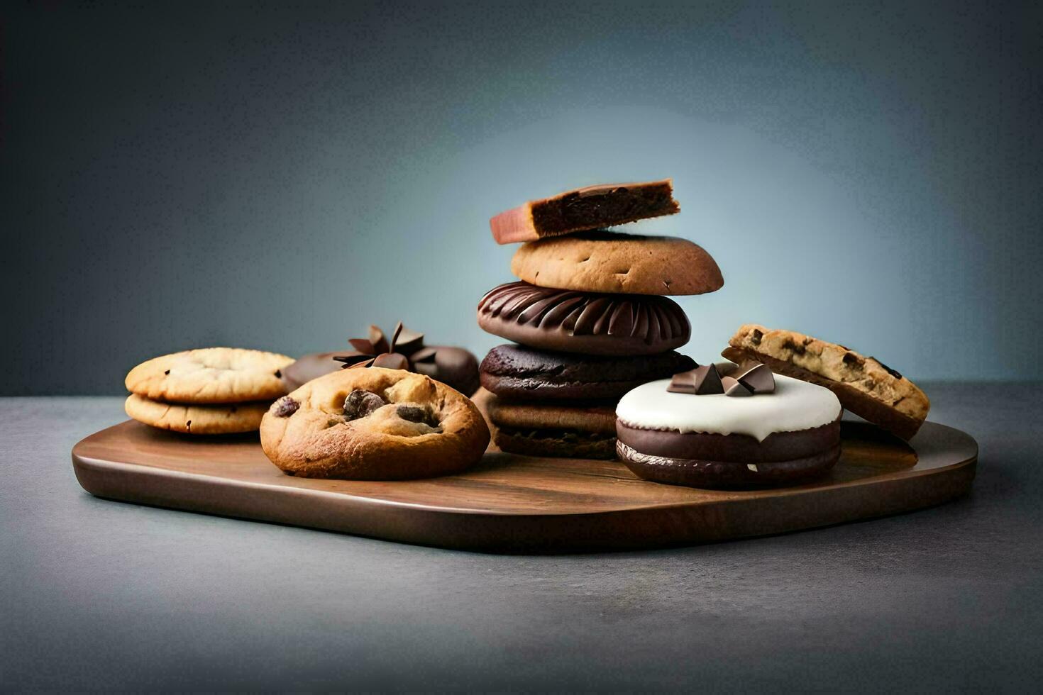 a stack of cookies and doughnuts on a wooden tray. AI-Generated photo