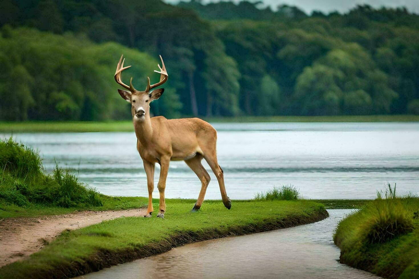 a deer stands on the edge of a lake. AI-Generated photo