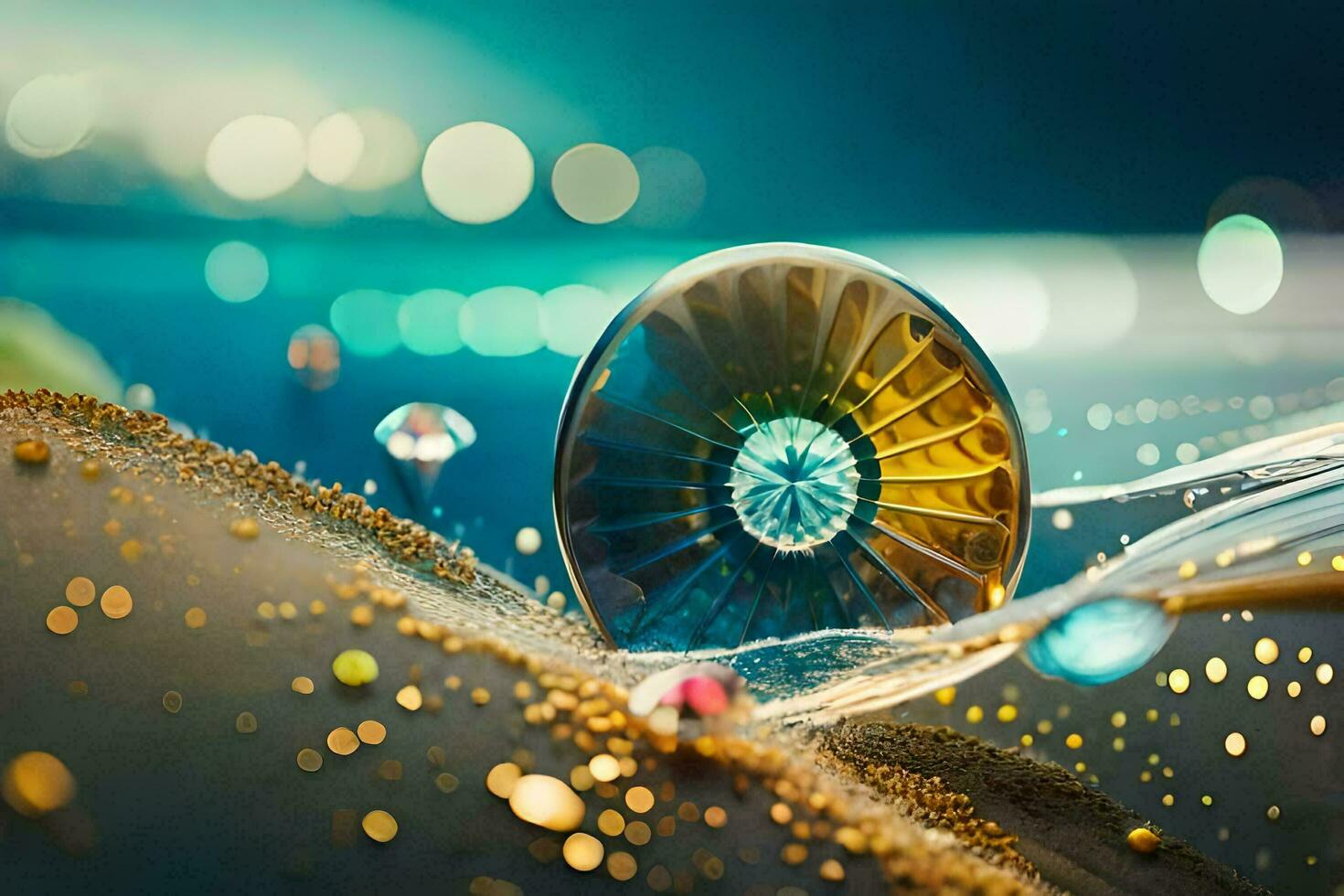 a close up of a glass eye with bubbles and water. AI-Generated photo