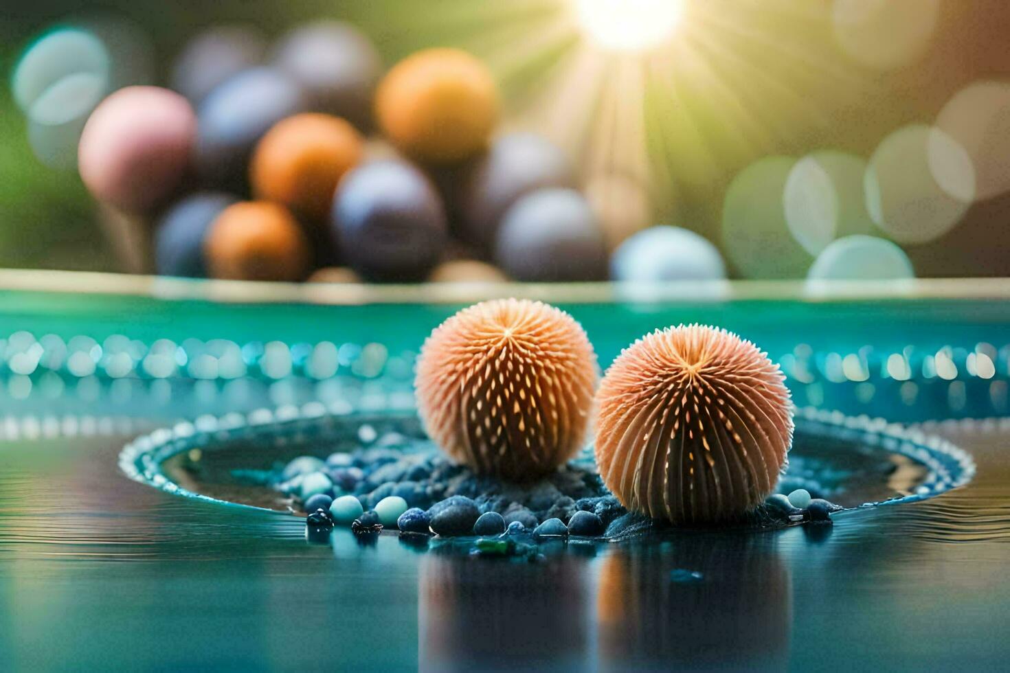 two balls of different colors sitting on a table. AI-Generated photo