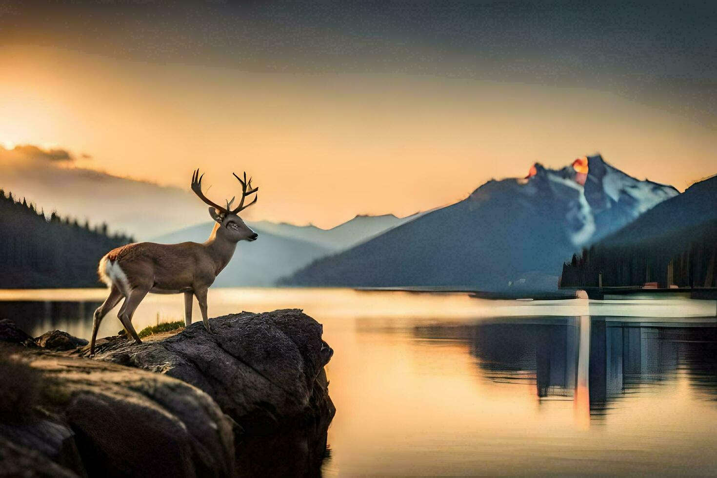 a deer stands on a rock overlooking a lake and mountains. AI-Generated photo