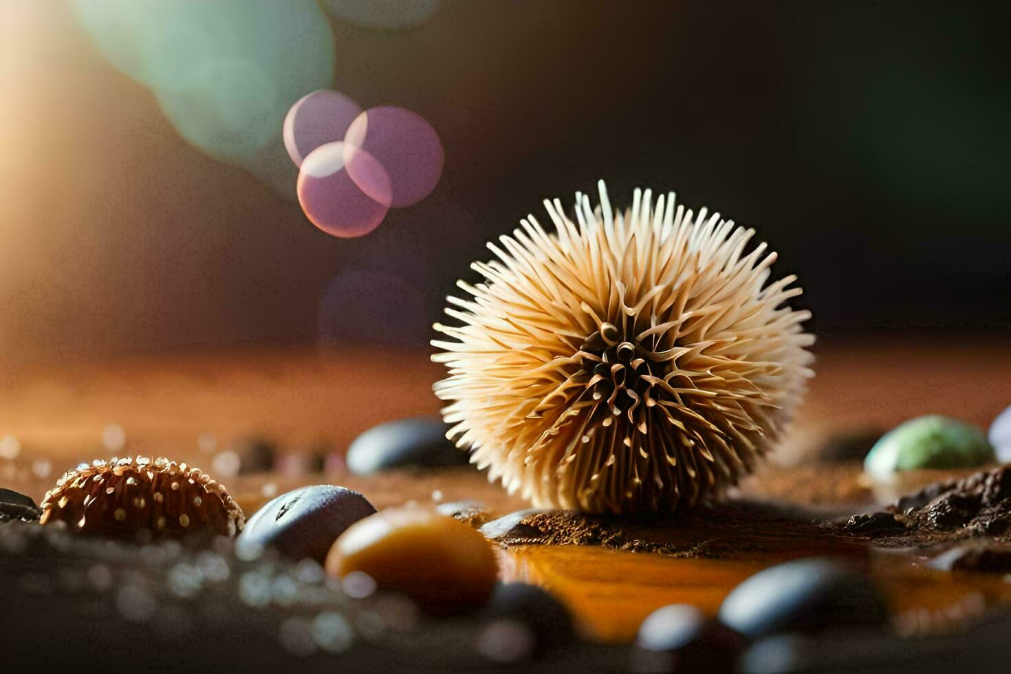 a spiky ball of wood and stones on a table. AI-Generated photo
