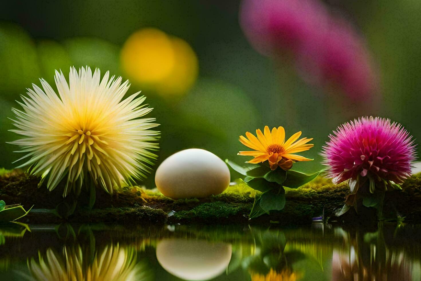 photo wallpaper flowers, the grass, the water, the flowers, the eggs, the flowers,. AI-Generated