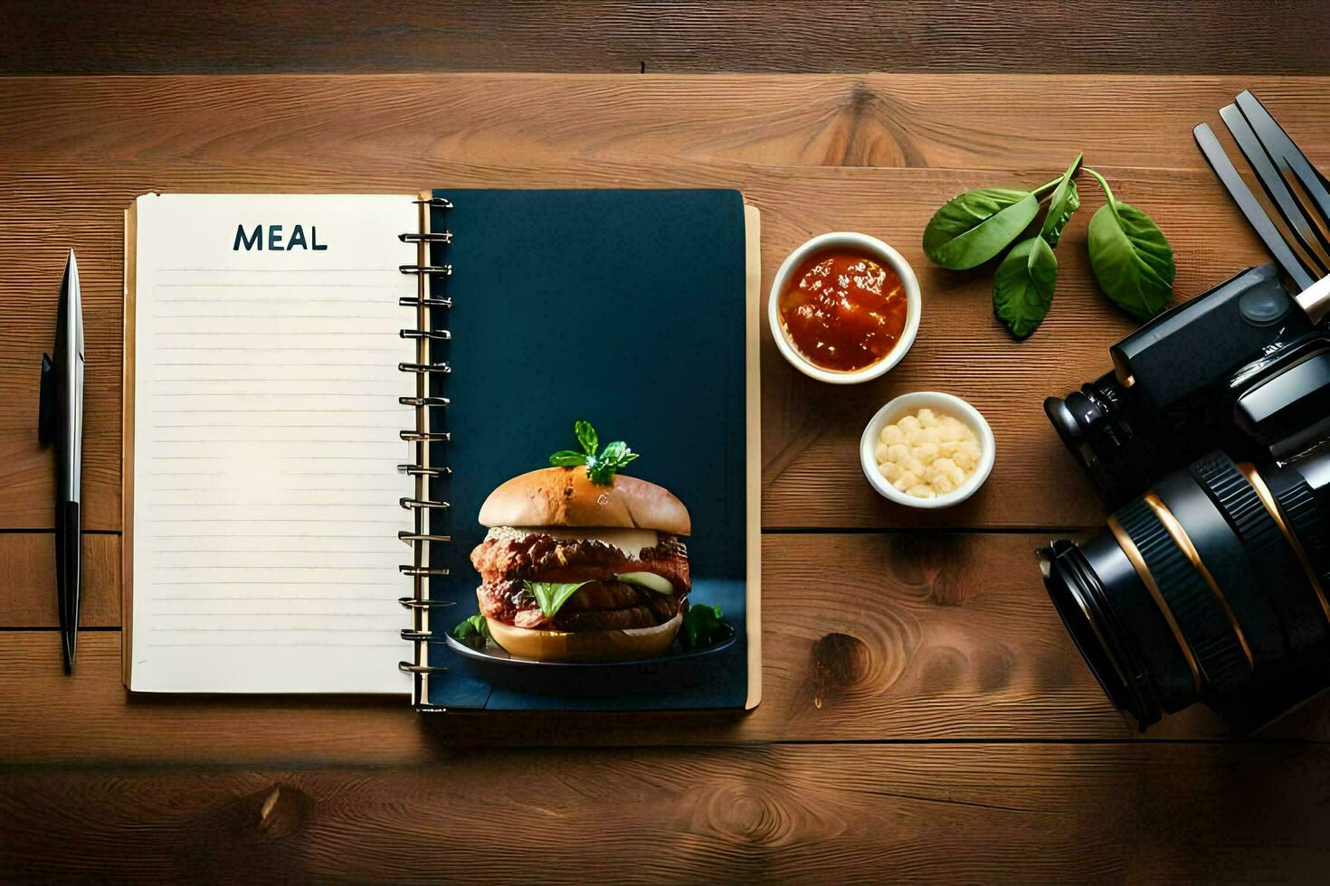 a notebook with a burger and a camera on a wooden table. AI-Generated photo