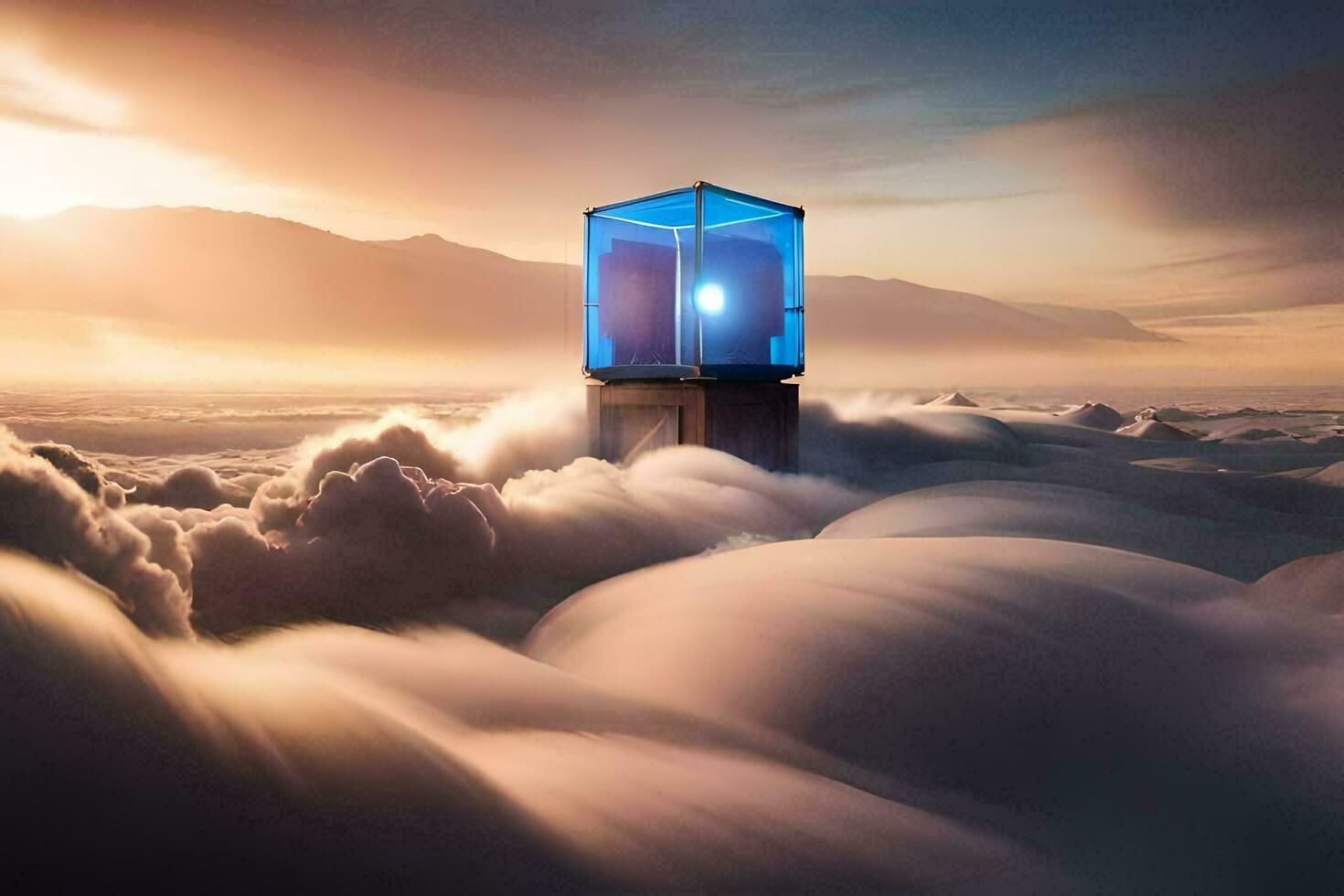 a blue box sitting on top of clouds. AI-Generated photo