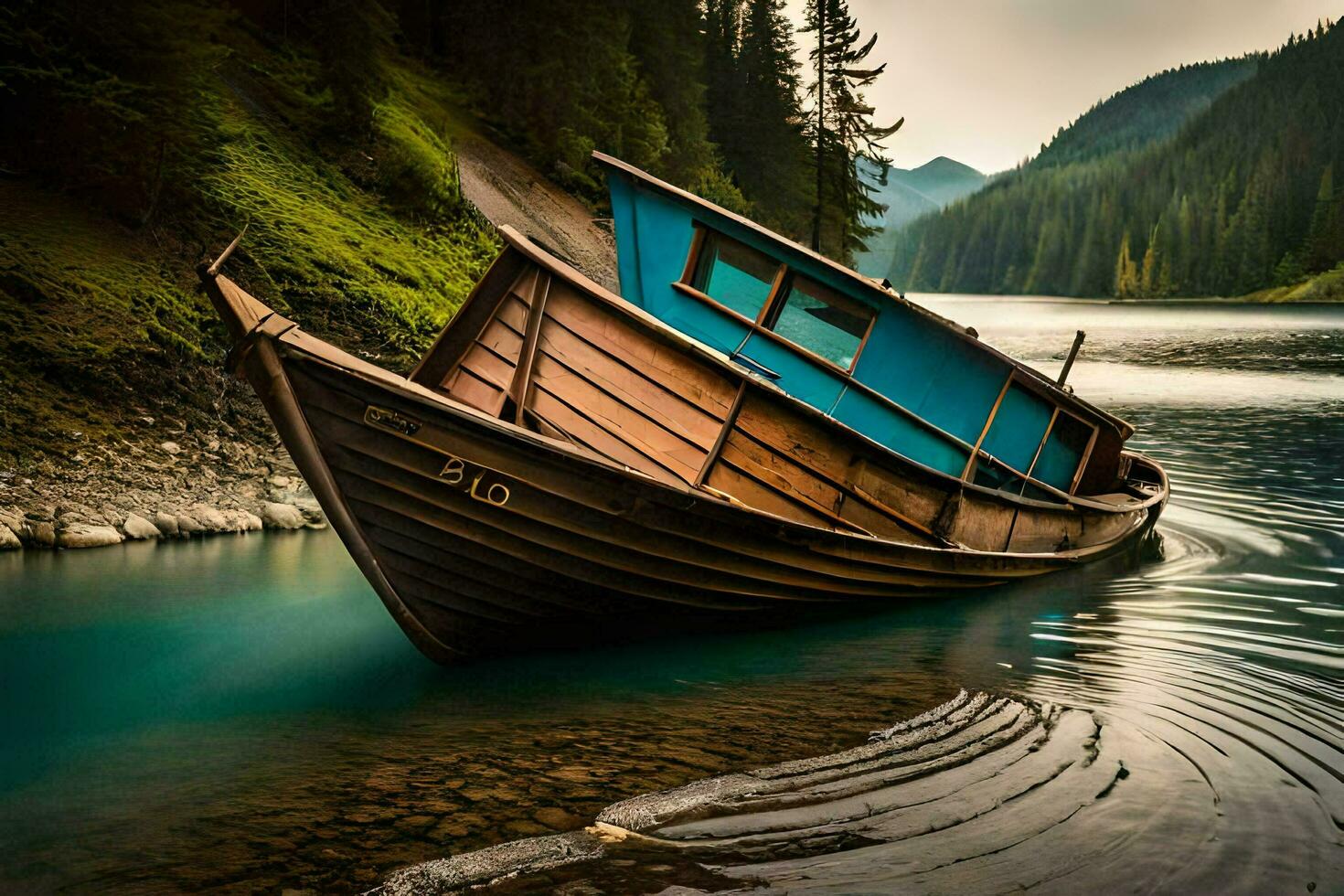 a boat sits on the shore of a lake. AI-Generated photo