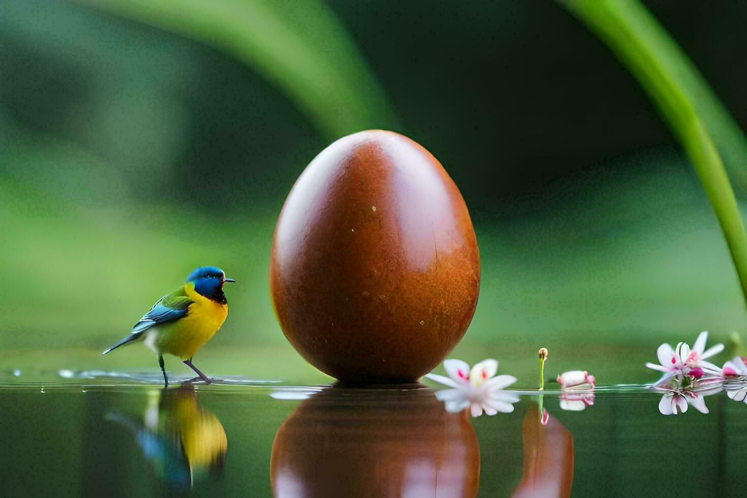 the bird is looking at the egg. AI-Generated photo