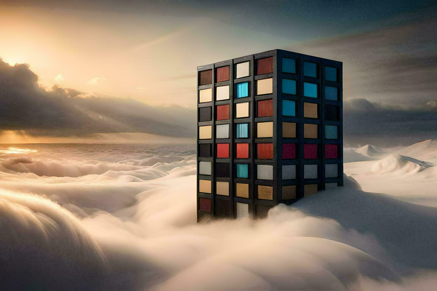 a building in the clouds with a colorful cube. AI-Generated photo