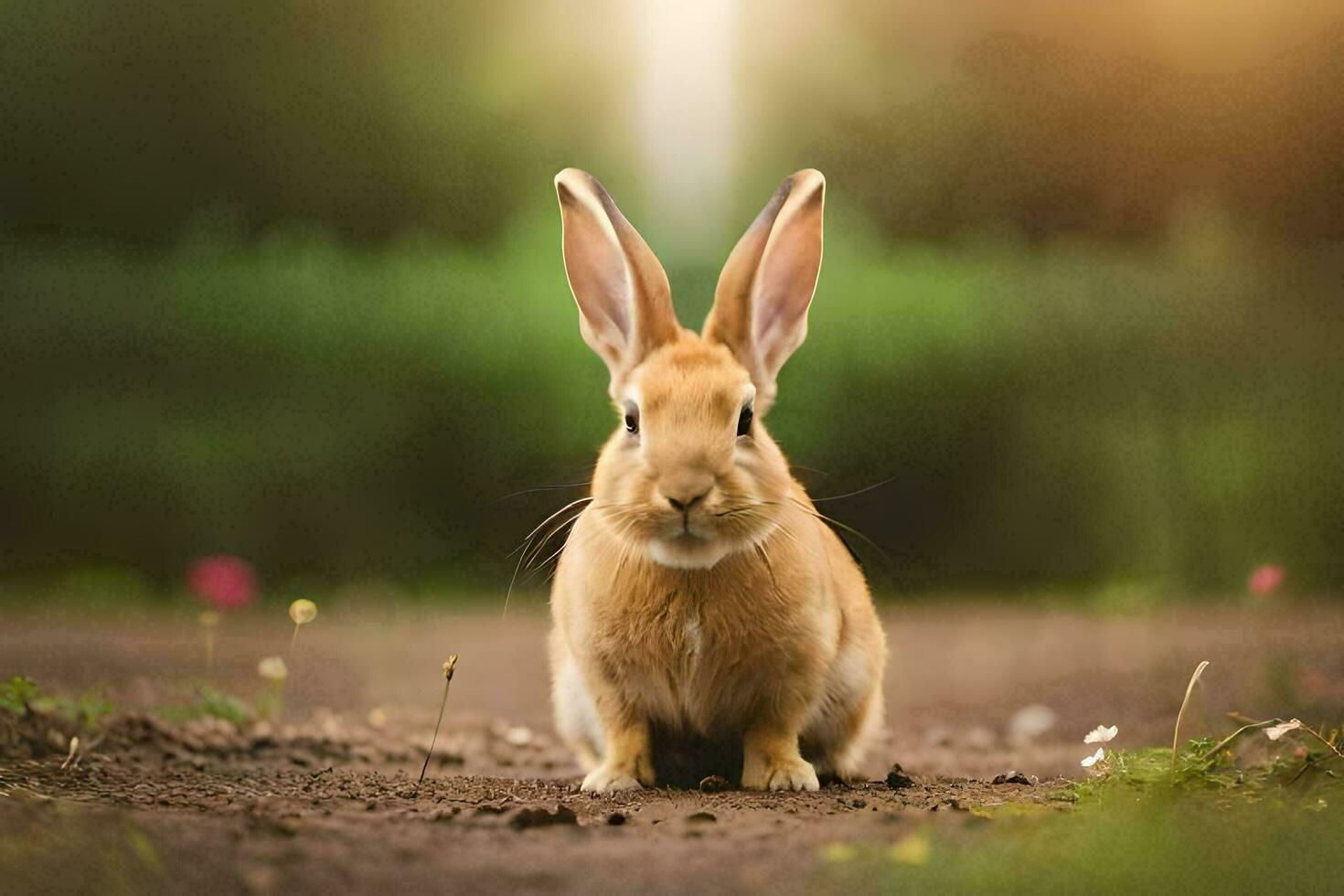 a rabbit is sitting on the ground in a field. AI-Generated photo
