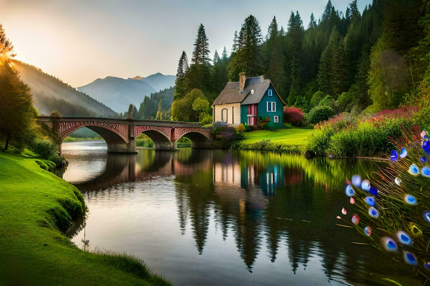 a bridge over a river with a house in the background. AI-Generated photo