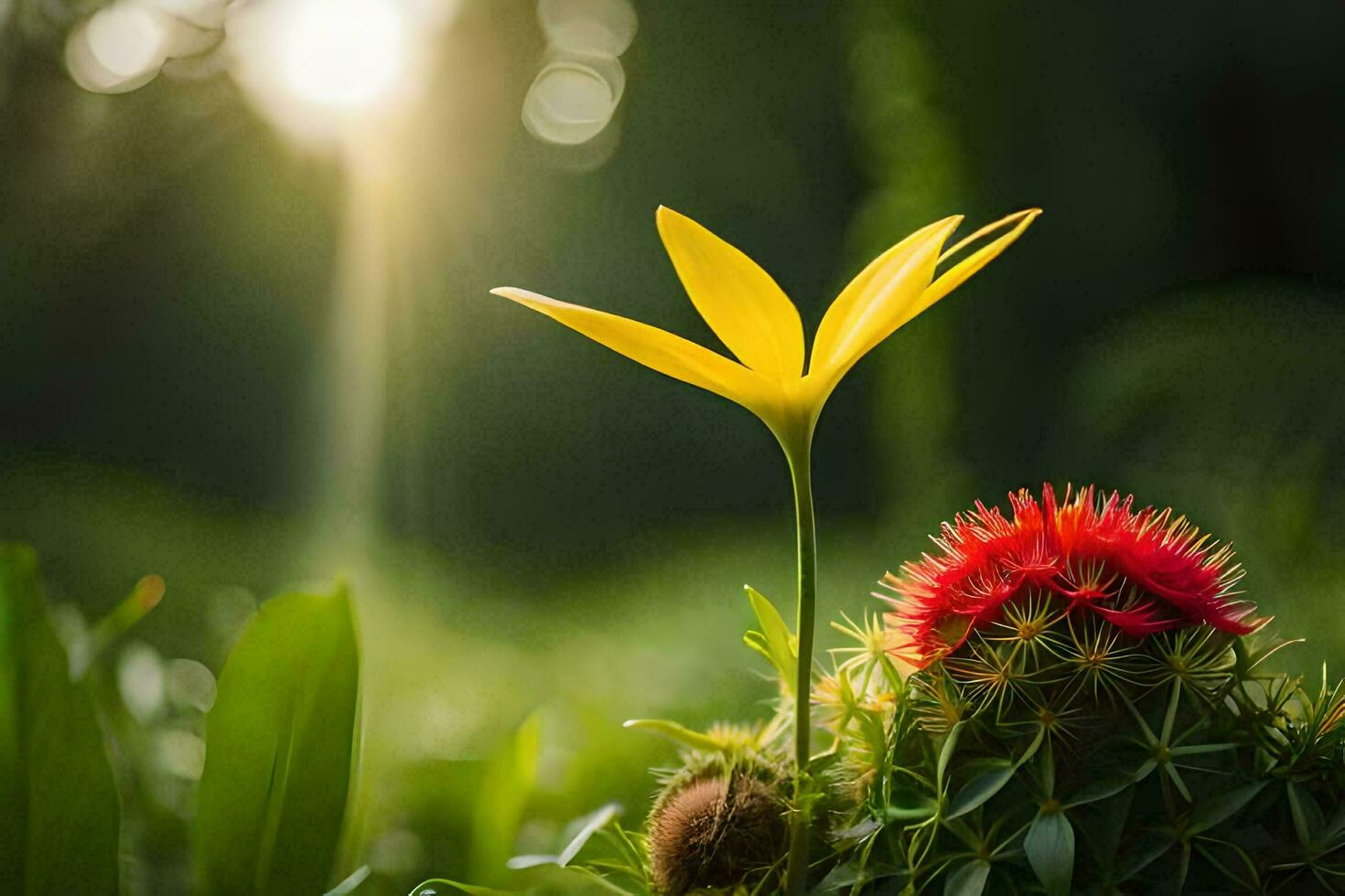 a cactus plant with a yellow flower in the middle of a field. AI-Generated photo