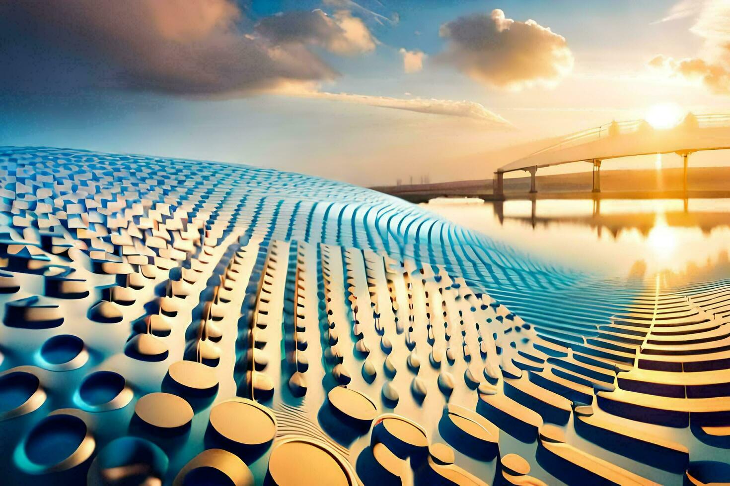 the sun is setting over a large body of water. AI-Generated photo