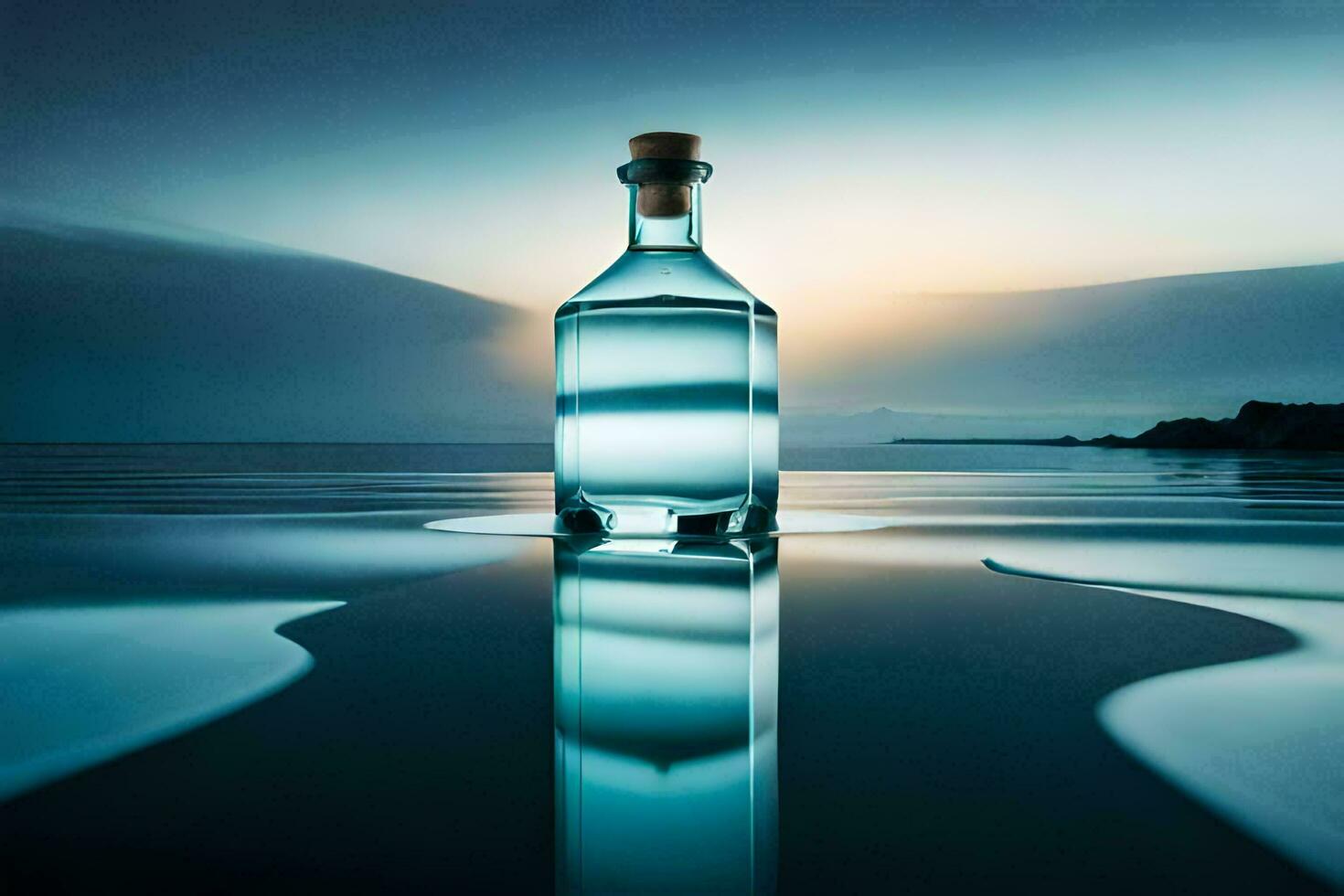 a bottle of gin sitting on the water. AI-Generated photo