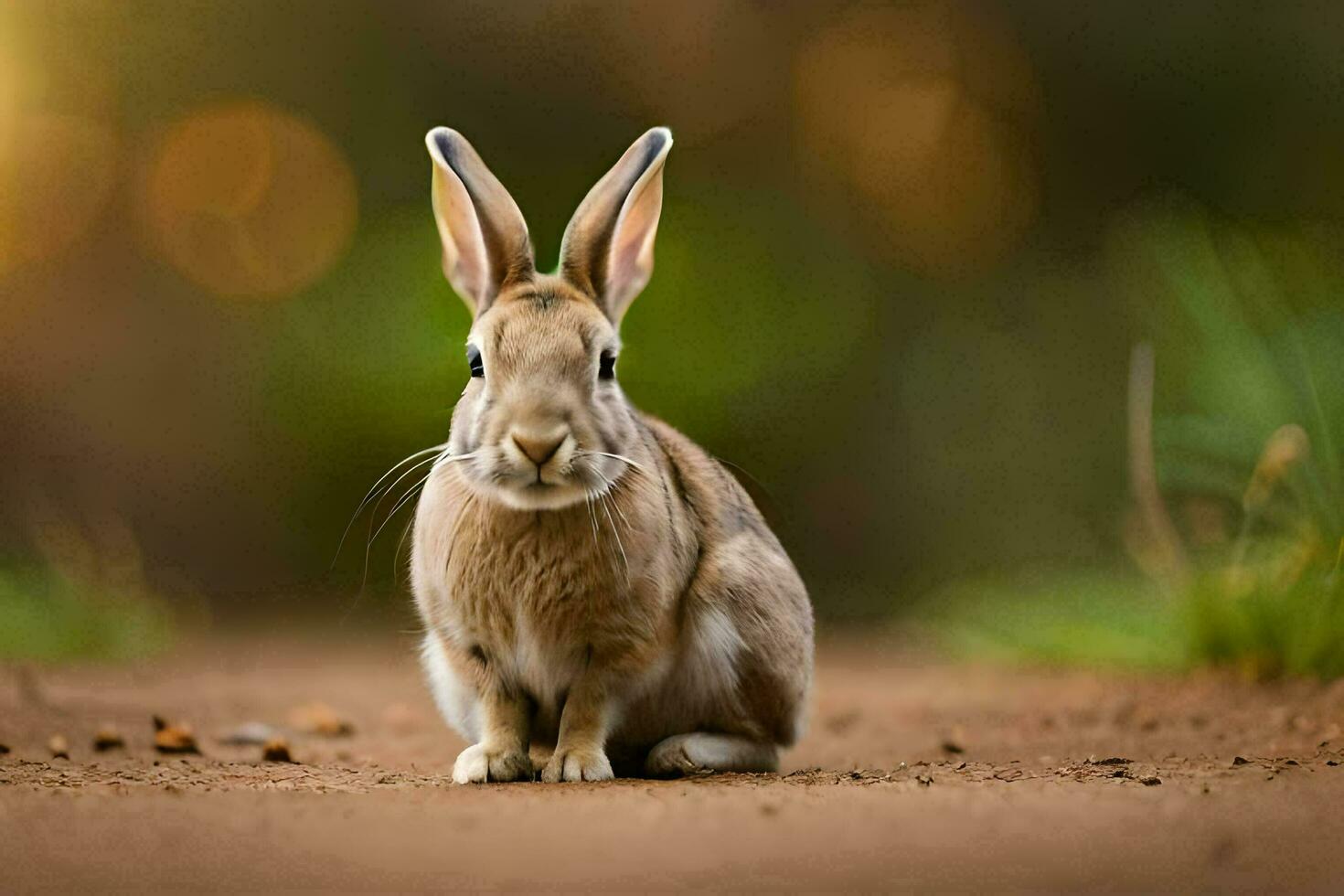 a rabbit sitting on the ground in front of a blurry background. AI-Generated photo