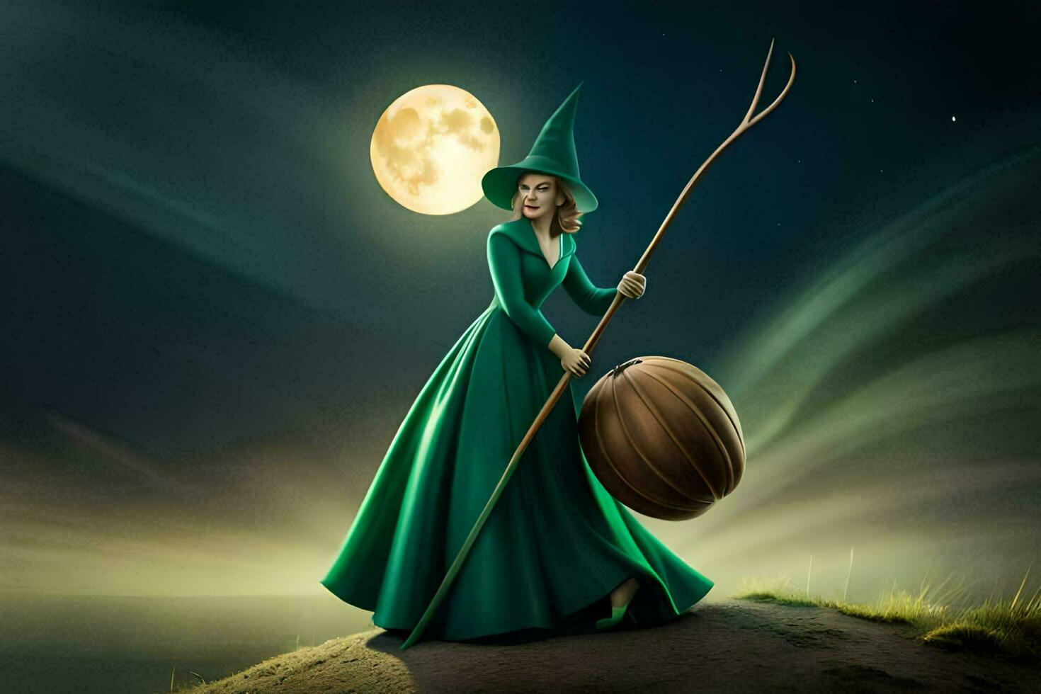 a woman in a green dress holding a broom and a pumpkin. AI-Generated photo