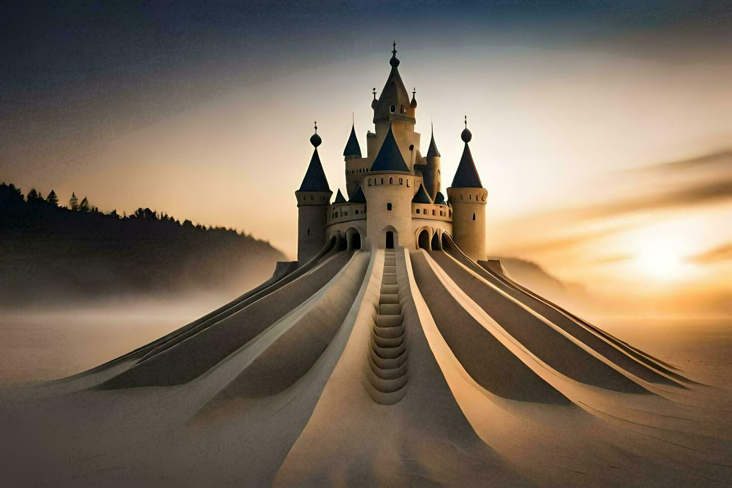 a castle in the sand with a sun rising behind it. AI-Generated photo