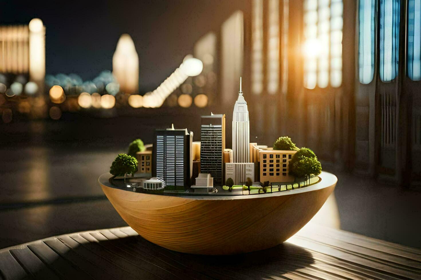 a miniature city in a bowl on a table. AI-Generated photo