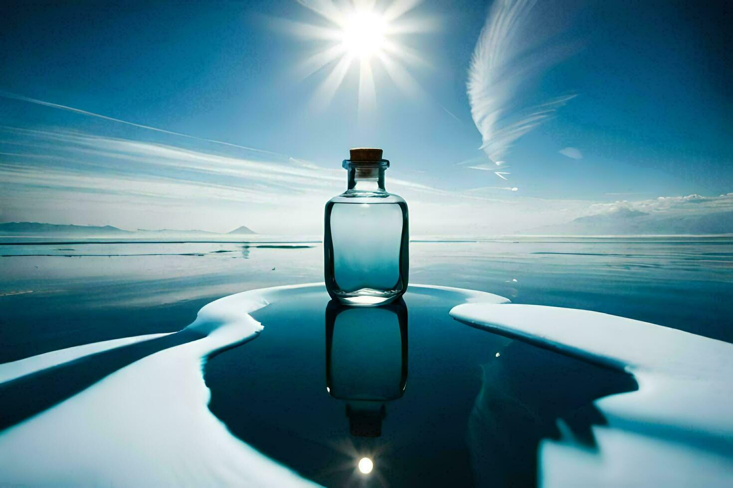 un botella de agua se sienta en el superficie de un hielo témpano de hielo. generado por ai foto