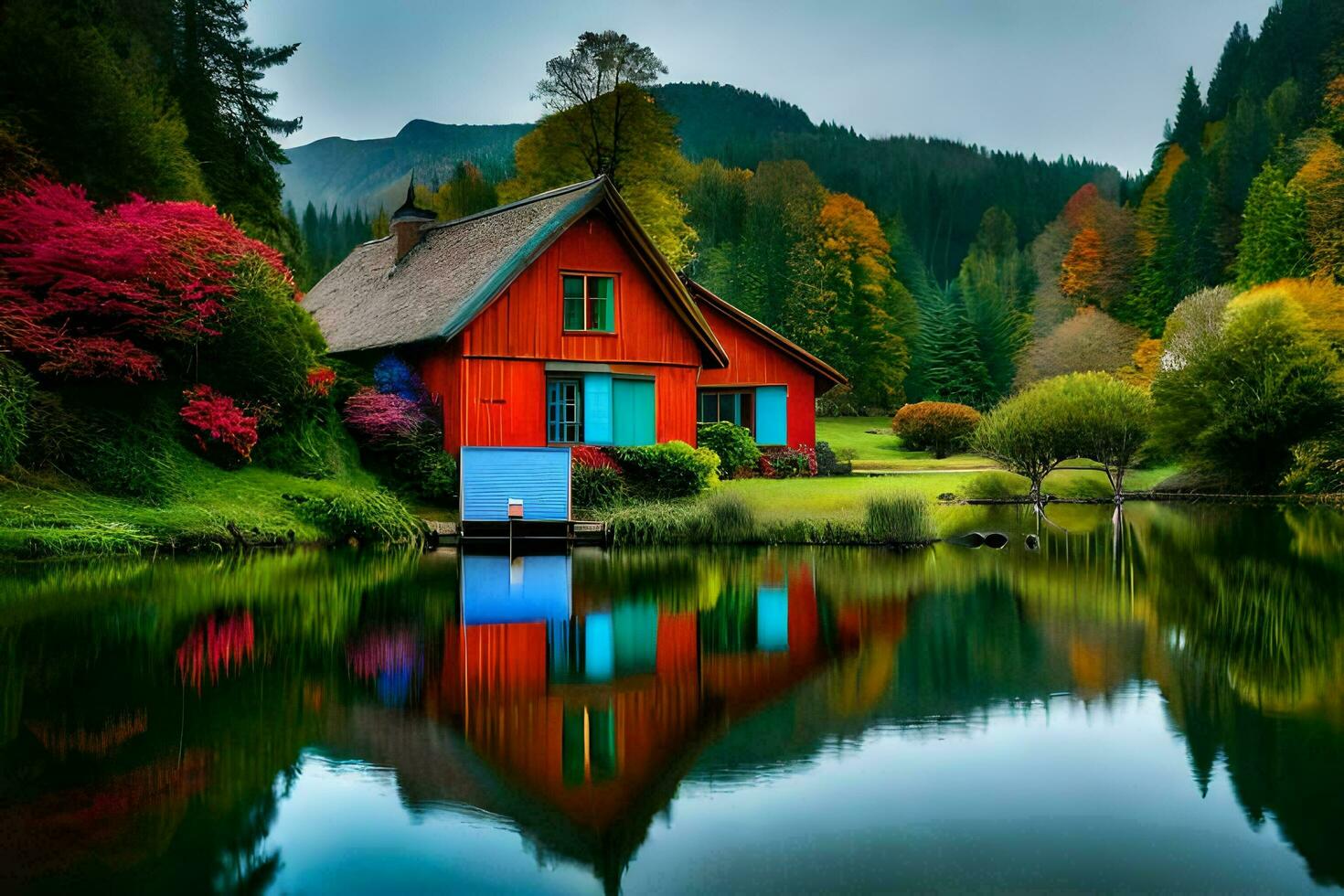 a colorful house sits on the edge of a lake. AI-Generated photo