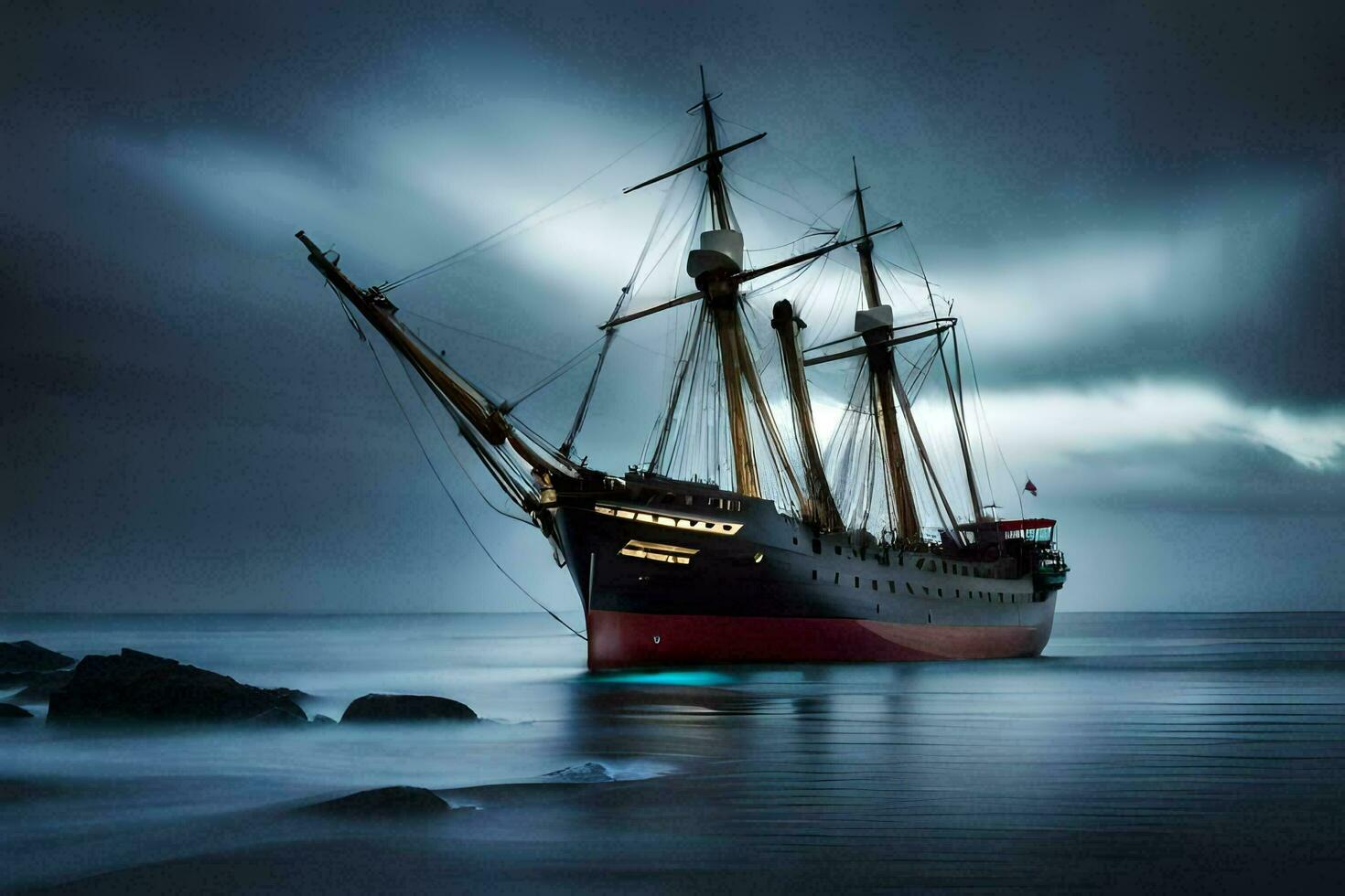 a large ship in the ocean under a stormy sky. AI-Generated photo