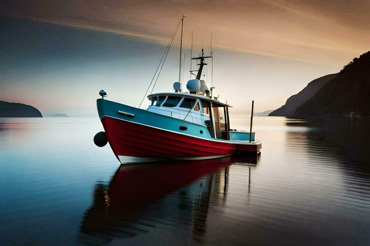 a fishing boat in the water at sunset. AI-Generated photo