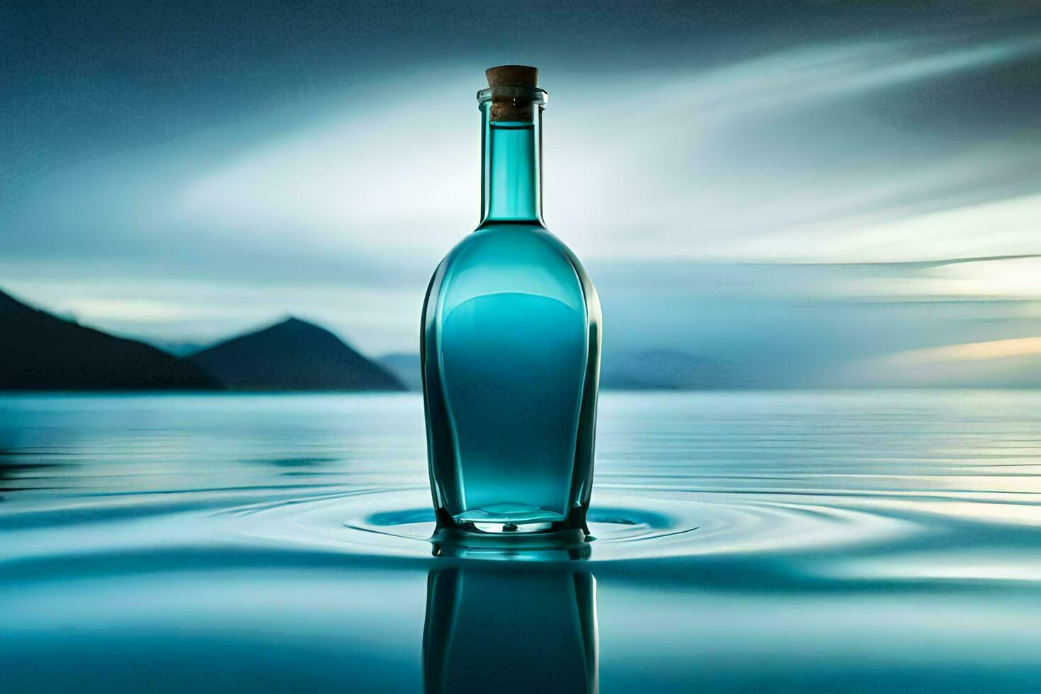 a bottle of blue liquid sitting on the water. AI-Generated photo