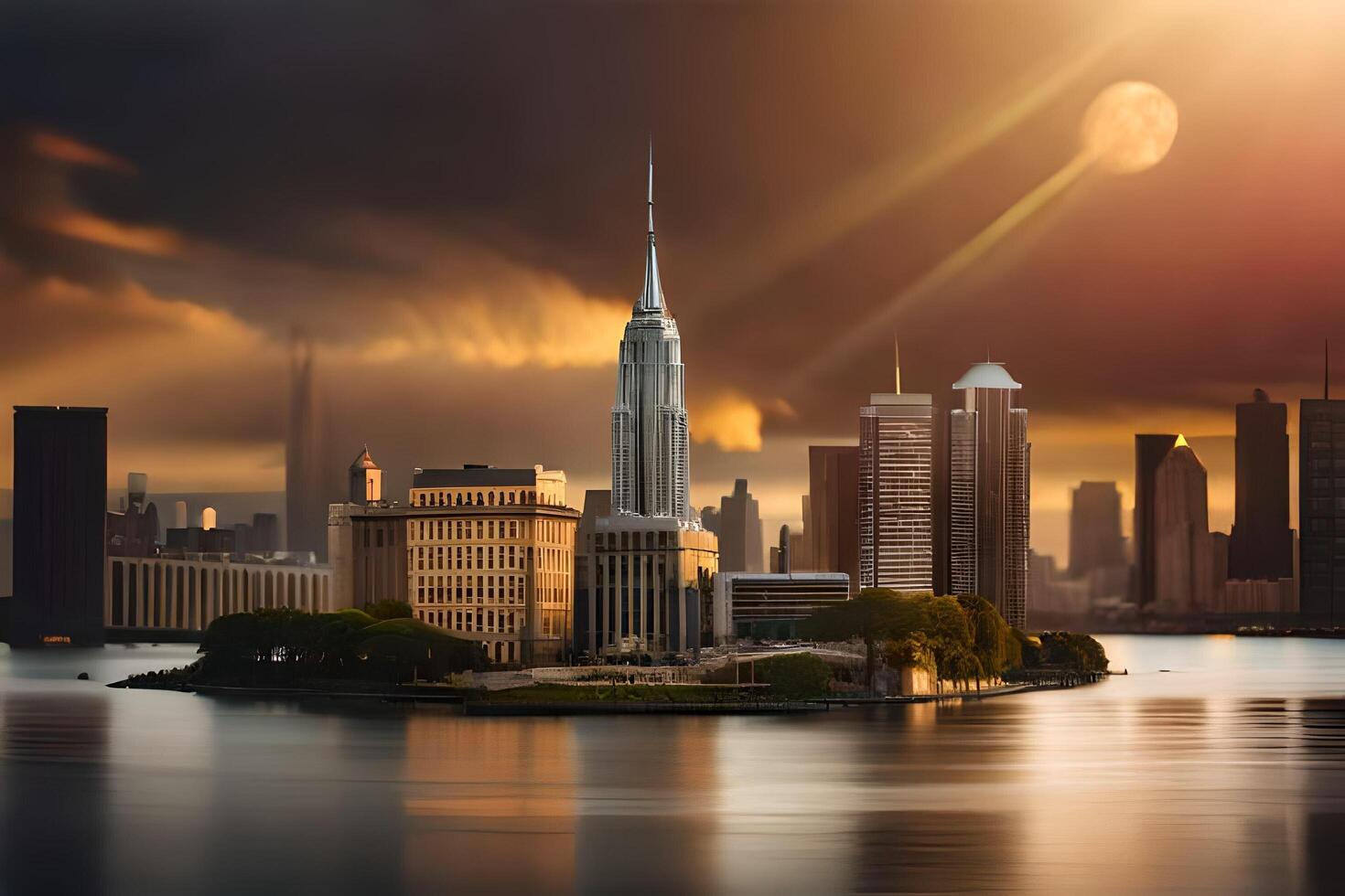 the sun is shining over a city skyline. AI-Generated photo