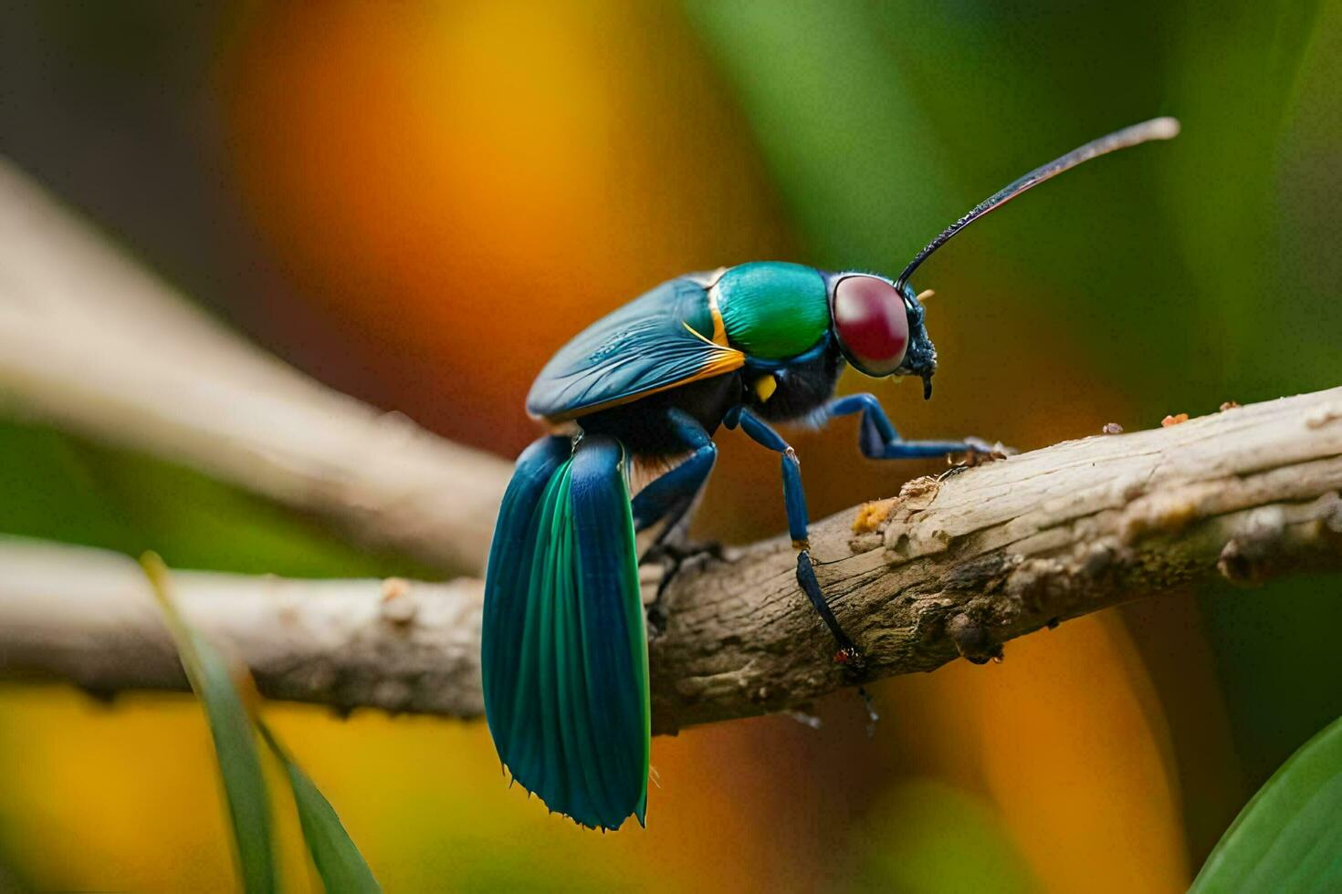 a colorful beetle sits on a branch. AI-Generated photo