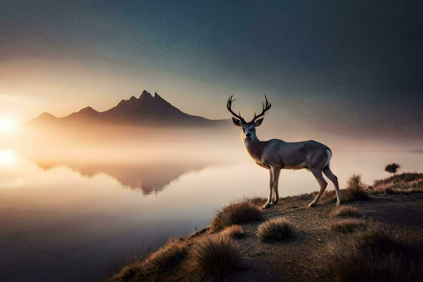 a deer stands on the shore of a lake at sunrise. AI-Generated photo