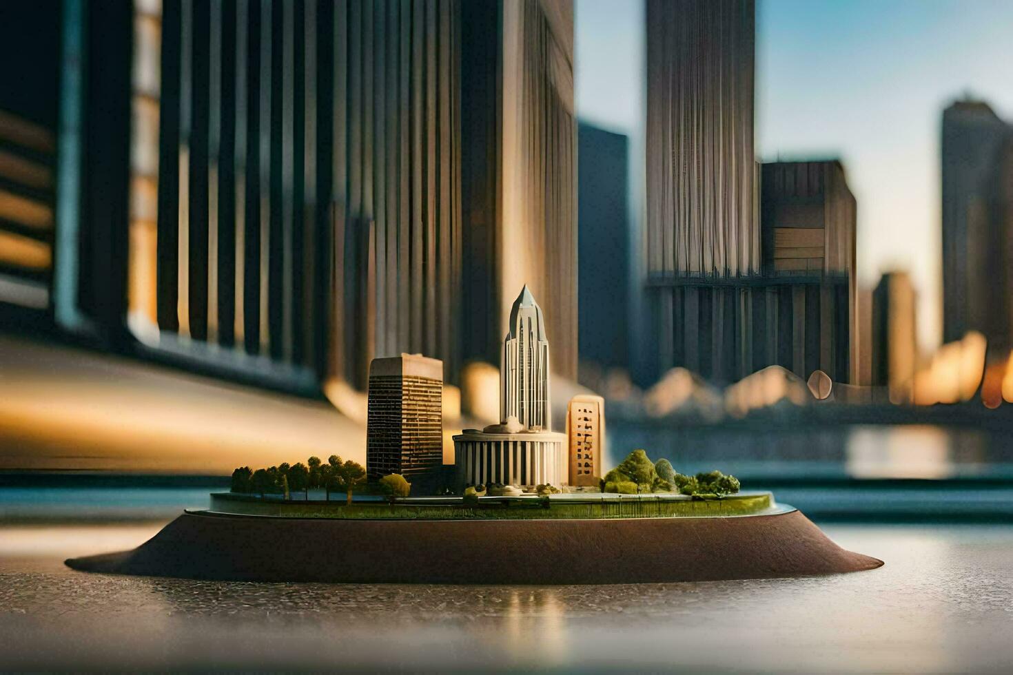 a miniature city in front of tall buildings. AI-Generated photo