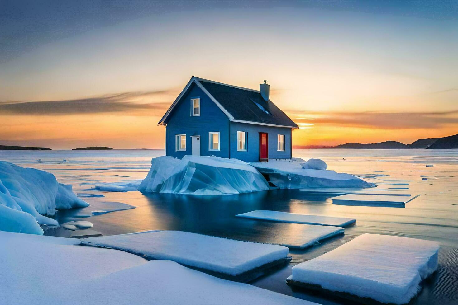a small house sits on an iceberg in the middle of the ocean. AI-Generated photo
