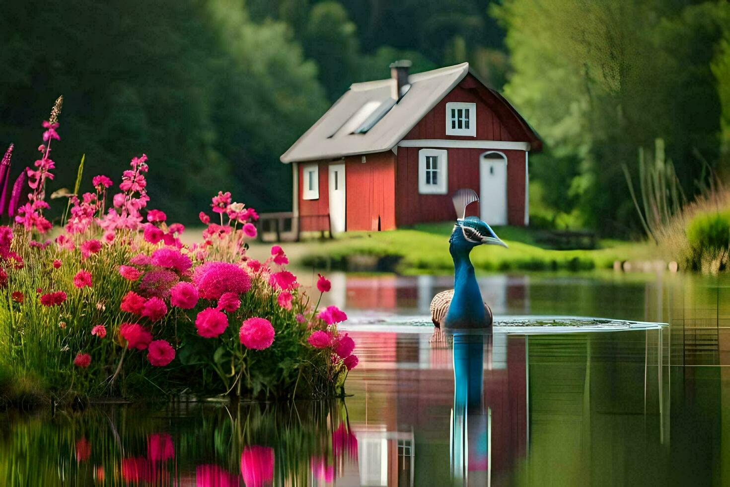 a red house and a duck in the water. AI-Generated photo