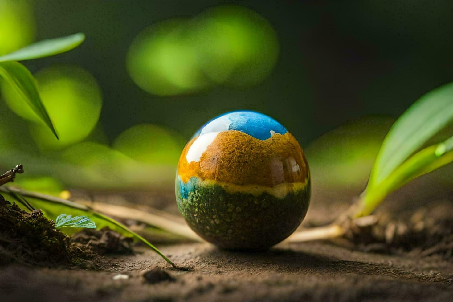 an easter egg sitting on the ground with green plants. AI-Generated photo