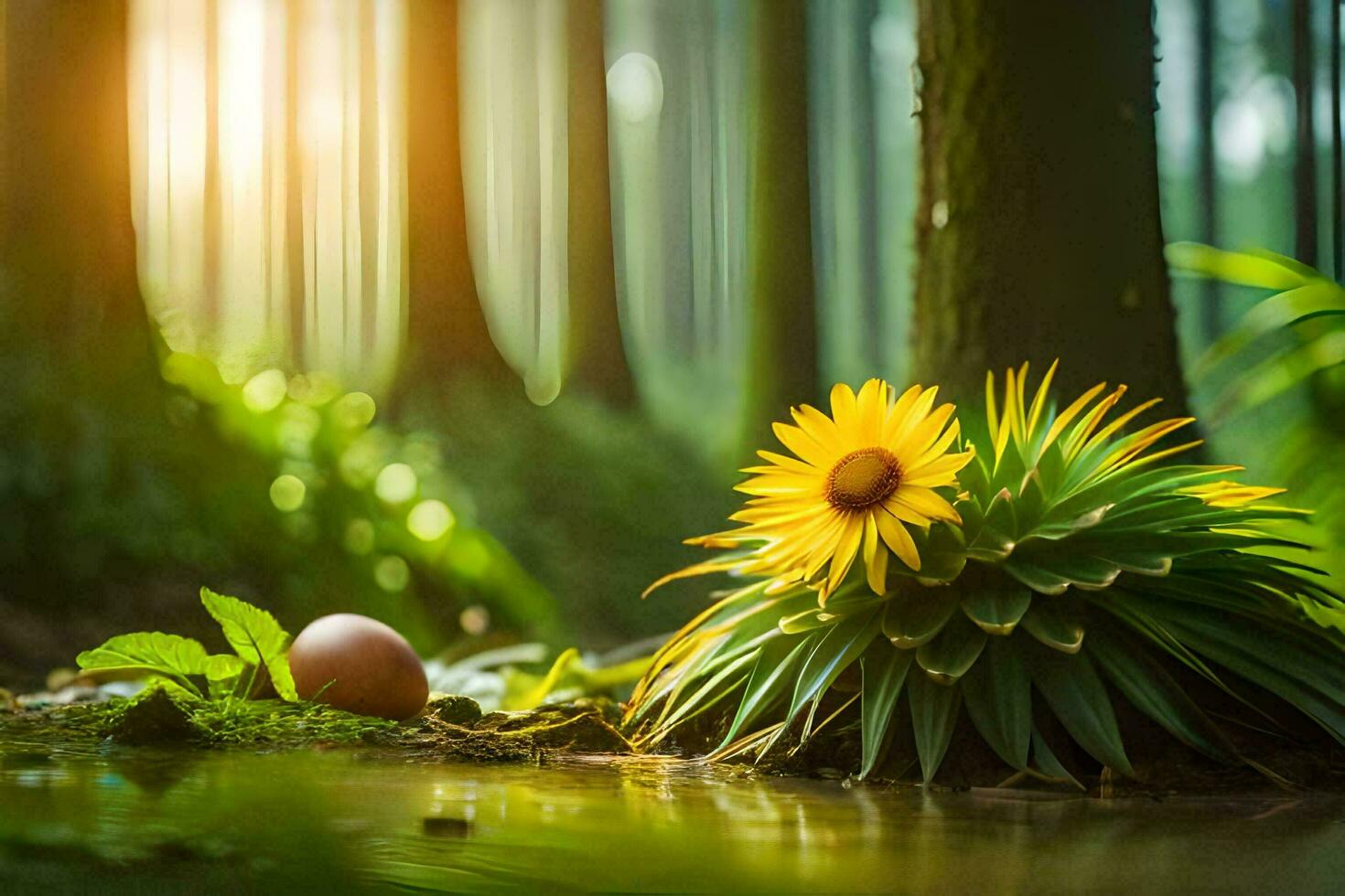 a flower and an egg in the forest. AI-Generated photo