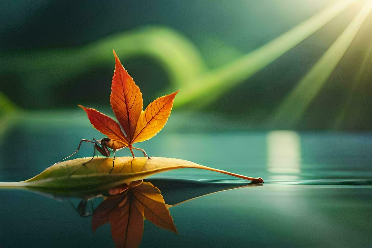a leaf on the water with a bug on it. AI-Generated photo