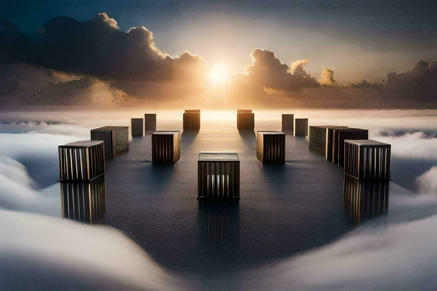 a group of wooden boxes floating in the air. AI-Generated photo