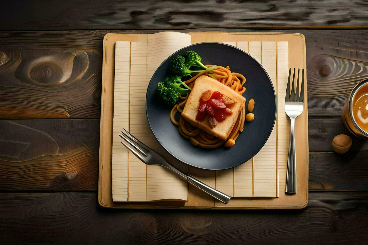 a plate with pasta and tofu on a wooden table. AI-Generated photo