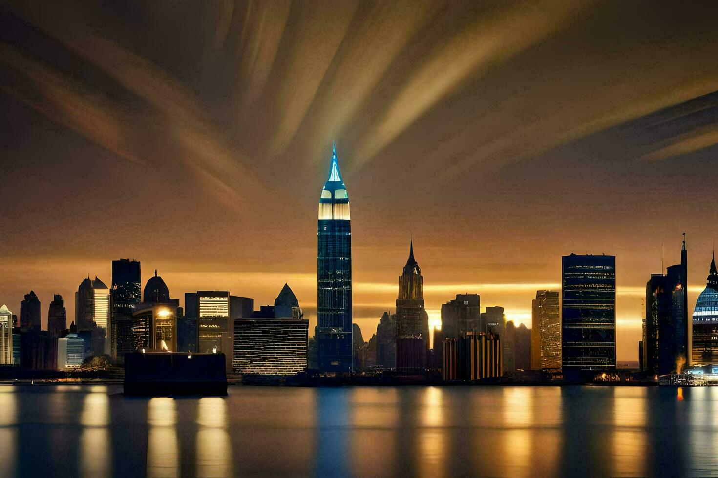 the city skyline at night with a bright light. AI-Generated photo