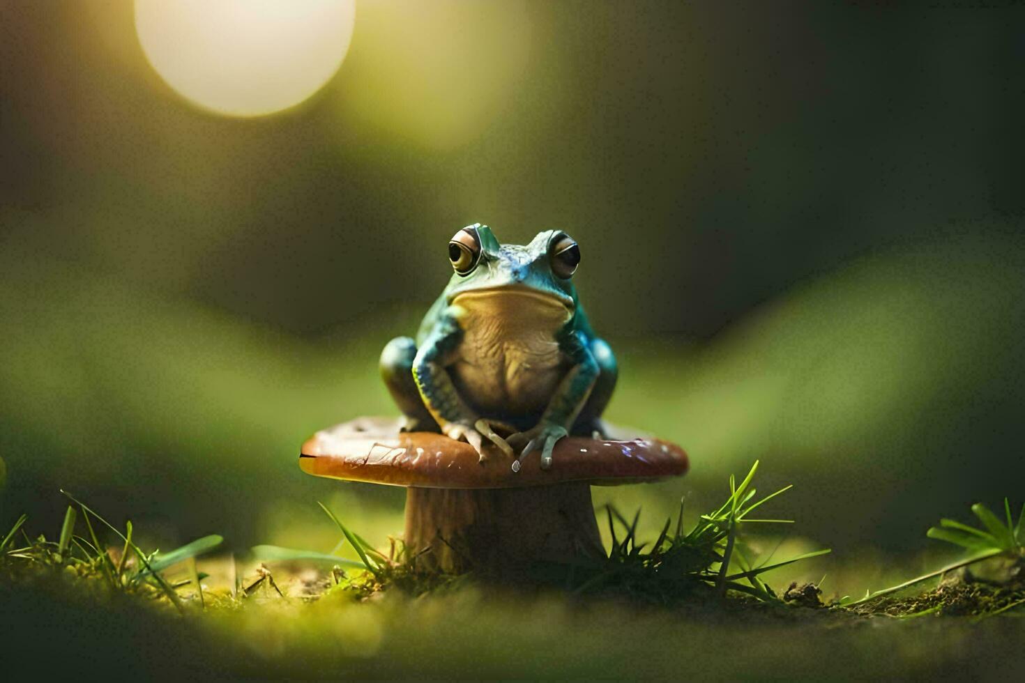 a frog sits on top of a mushroom in the forest. AI-Generated photo