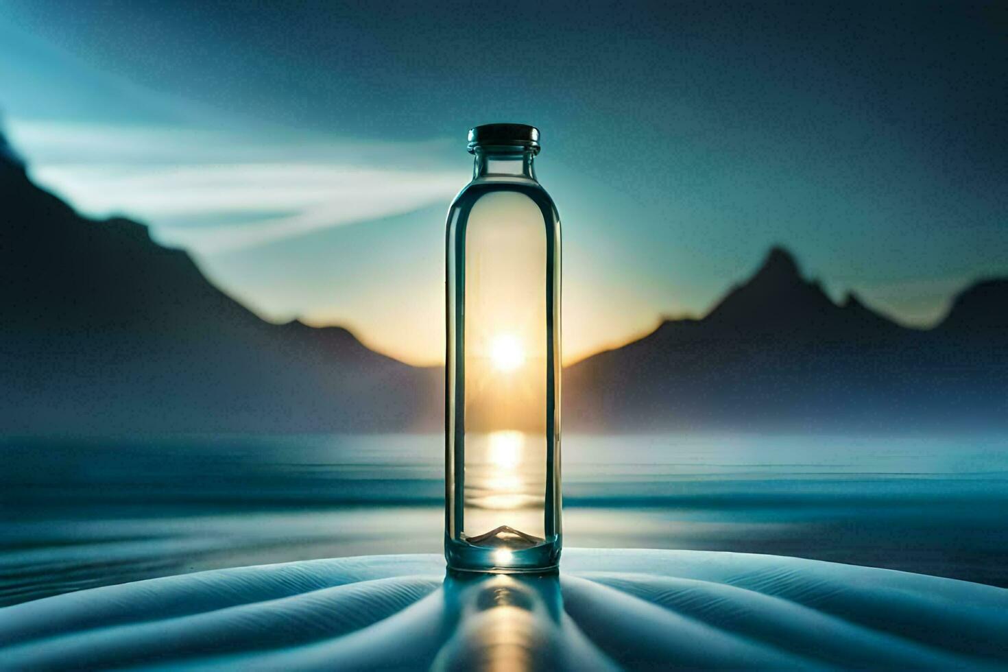 a bottle of water sitting on the water with the sun setting behind it. AI-Generated photo